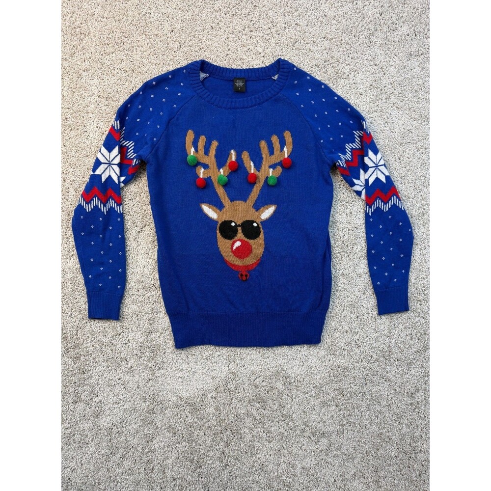 Ugly Christmas Sweater Womens S Rudolph Reindeer 3D Pom Pom Holiday Blue
